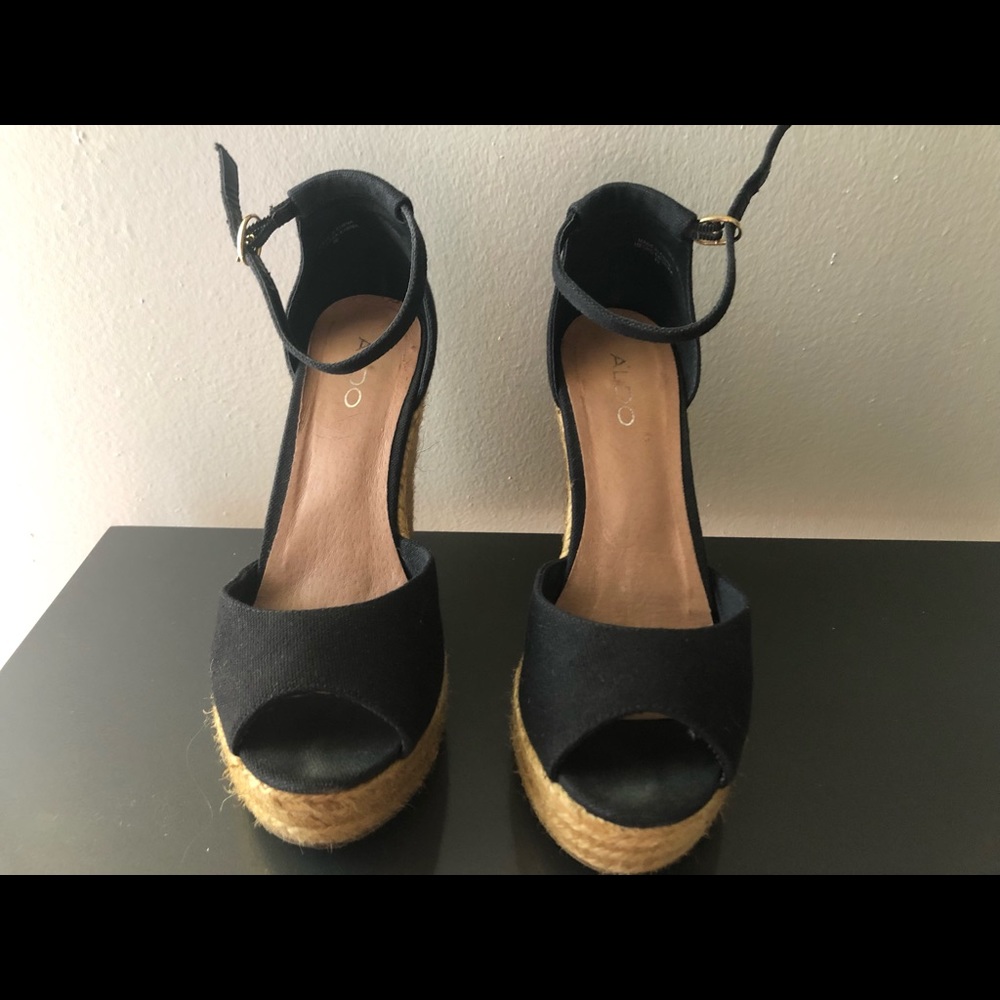 Aldo wedge sandals with ankle strap and peep toe.